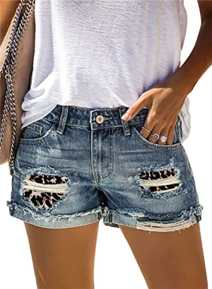 Ripped Leopard Print Patchwork Curled Women's Denim Shorts