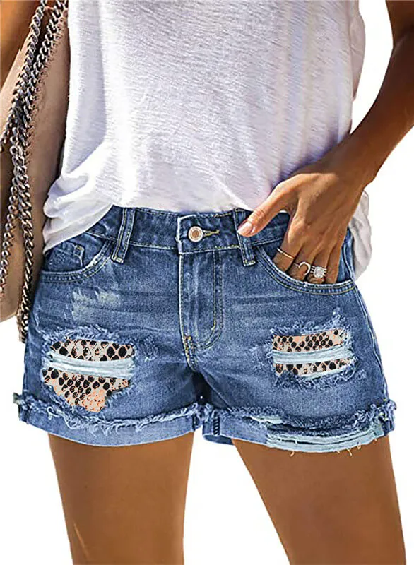 Ripped Leopard Print Patchwork Curled Women's Denim Shorts