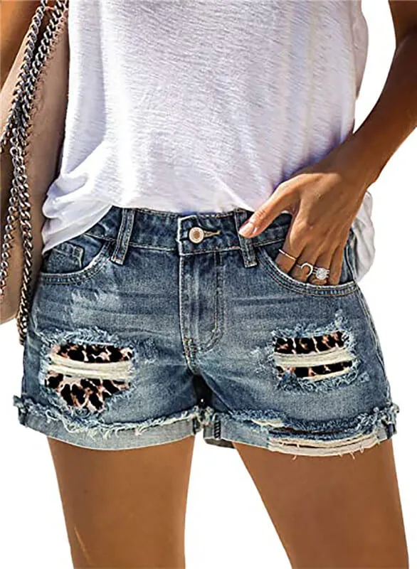 Ripped Leopard Print Patchwork Curled Women's Denim Shorts