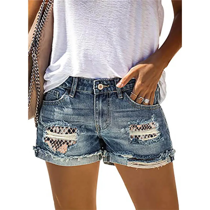 Ripped Leopard Print Patchwork Curled Women's Denim Shorts