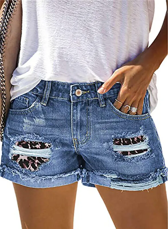 Ripped Leopard Print Patchwork Curled Women's Denim Shorts