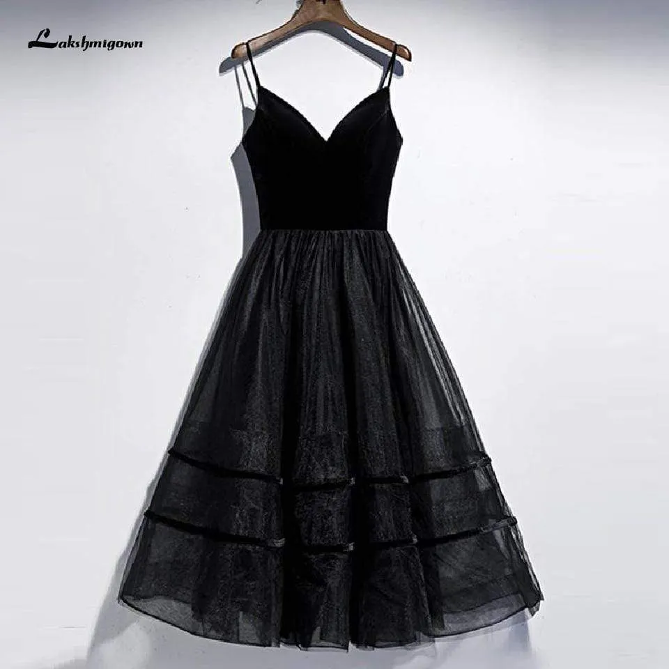 Roycebridal Black Wedding Dress Tea Length Velvet Lace Up Sexy