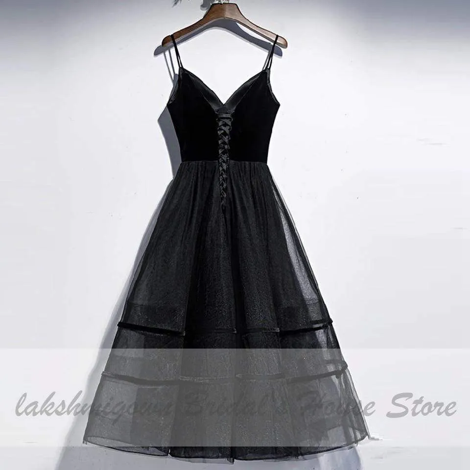 Roycebridal Black Wedding Dress Tea Length Velvet Lace Up Sexy
