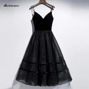 Roycebridal Black Wedding Dress Tea Length Velvet Lace Up Sexy