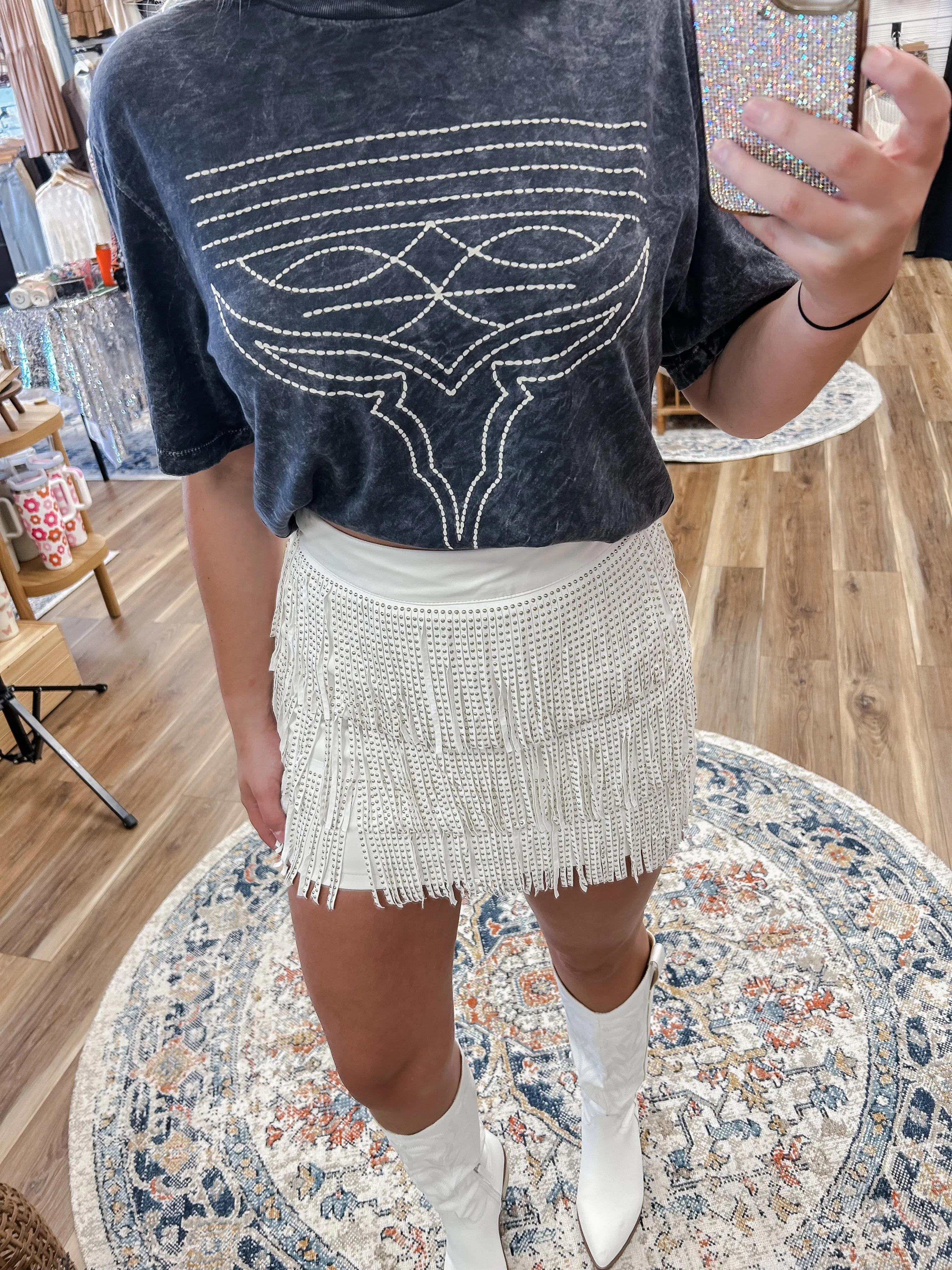 Shania Studded Fringe White Skirt