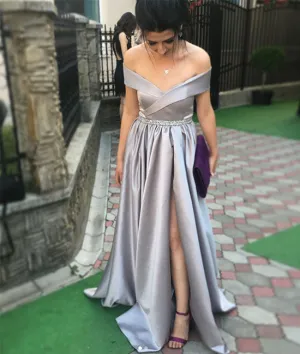 Simple gray satin long prom dress, gray evening dress