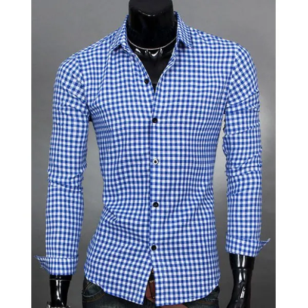 Simple Shirt Collar Color Block Plaid Print Long Sleeves Men's Slimming Shirt