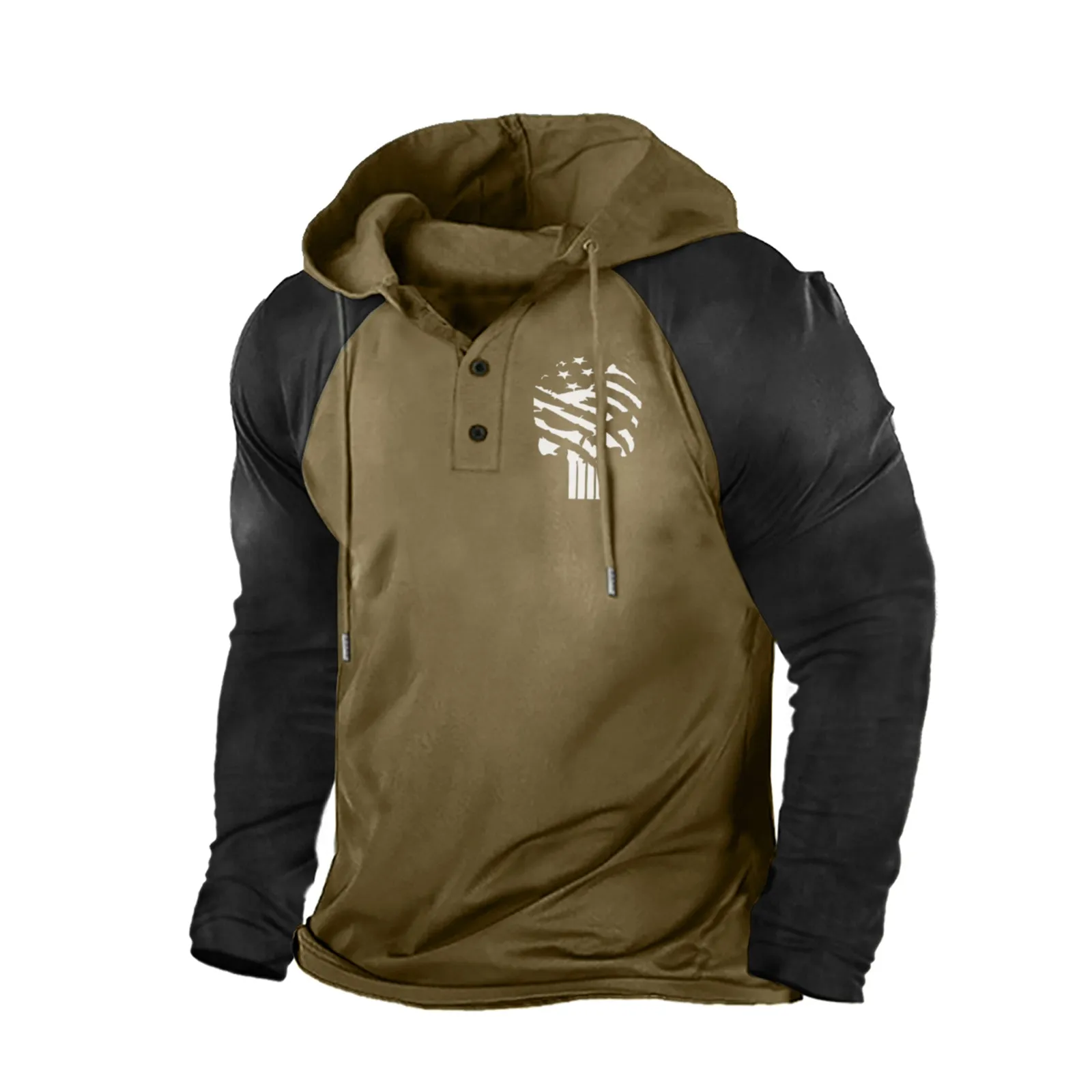 SKULL COLORBLOCK BUTTON COLLAR RAGLAN GRAPHIC HOODIE