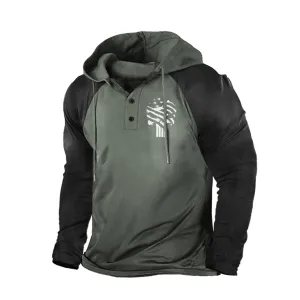 SKULL COLORBLOCK BUTTON COLLAR RAGLAN GRAPHIC HOODIE