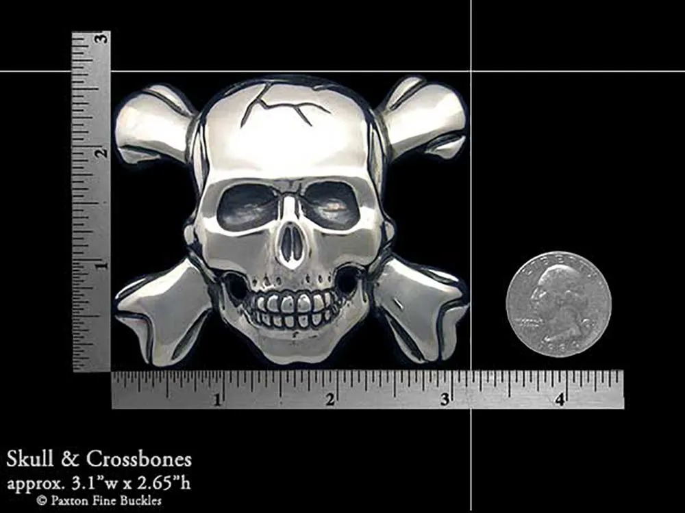 Skull Crossbones Belt Buckle Sterling Silver or Yellow Brass