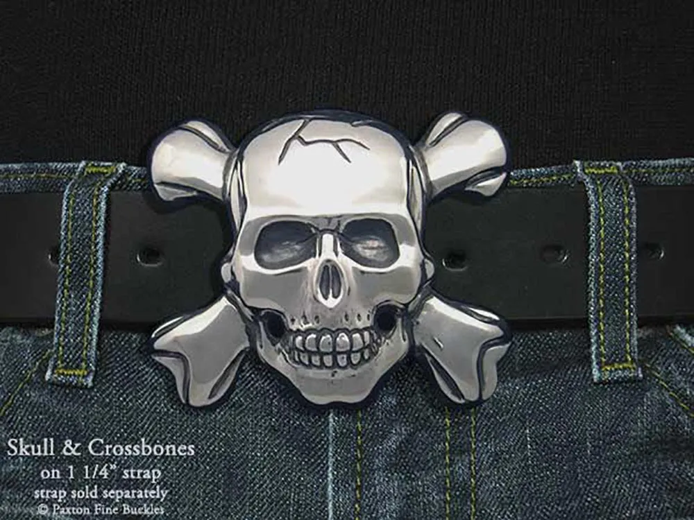 Skull Crossbones Belt Buckle Sterling Silver or Yellow Brass