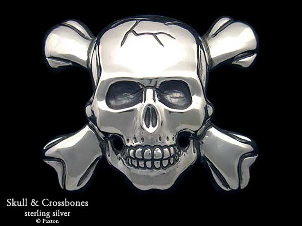 Skull Crossbones Belt Buckle Sterling Silver or Yellow Brass