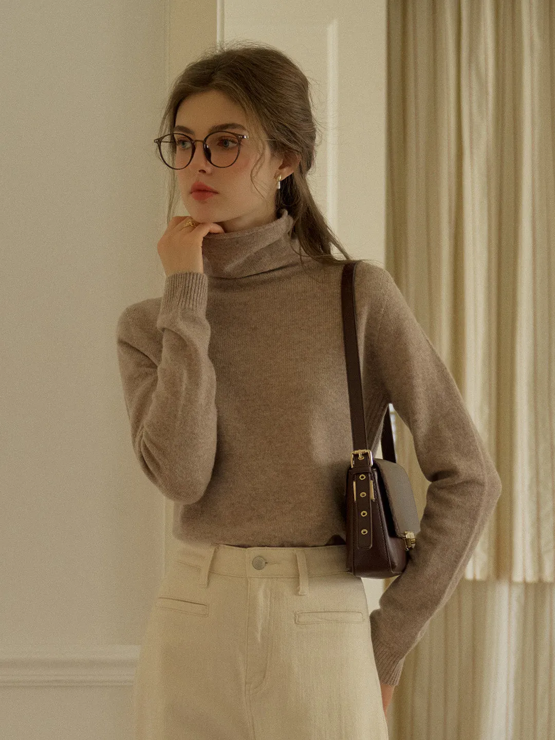 Solana Basic Versatile Turtleneck 100% Wool Sweater - Camel