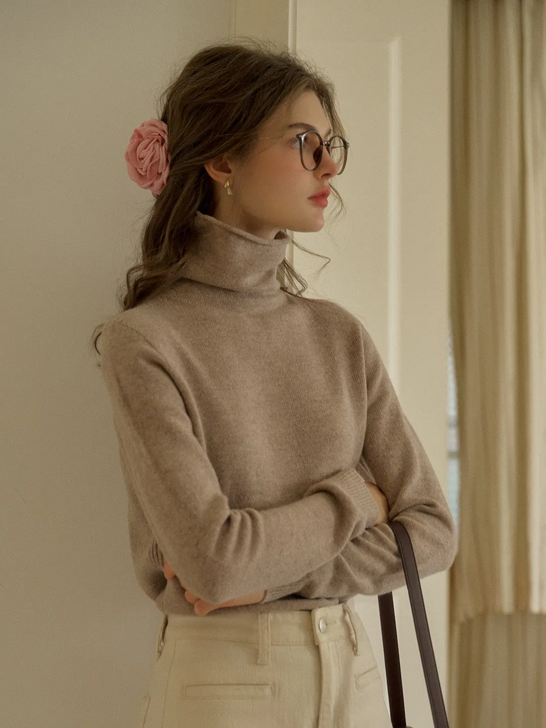 Solana Basic Versatile Turtleneck 100% Wool Sweater - Camel