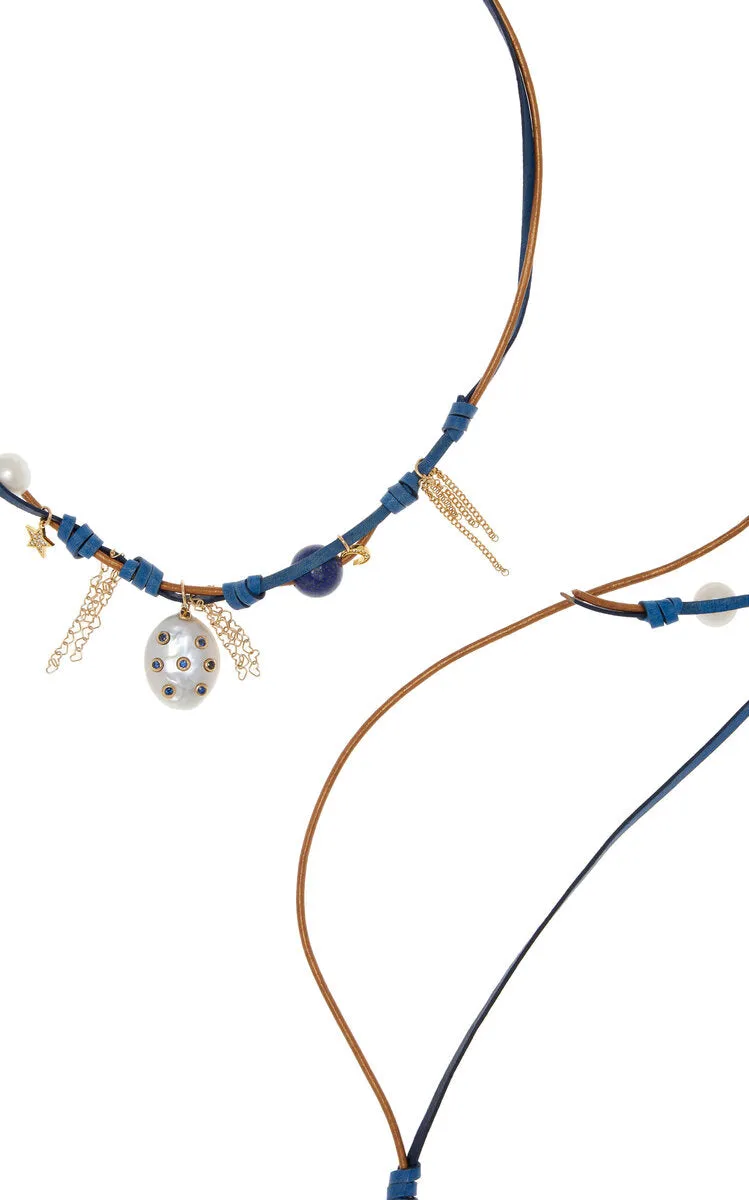 Sparkling Blue Sky Knotted Leather 18K Yellow Gold Pearl, Sapphire, and Lapis Necklace