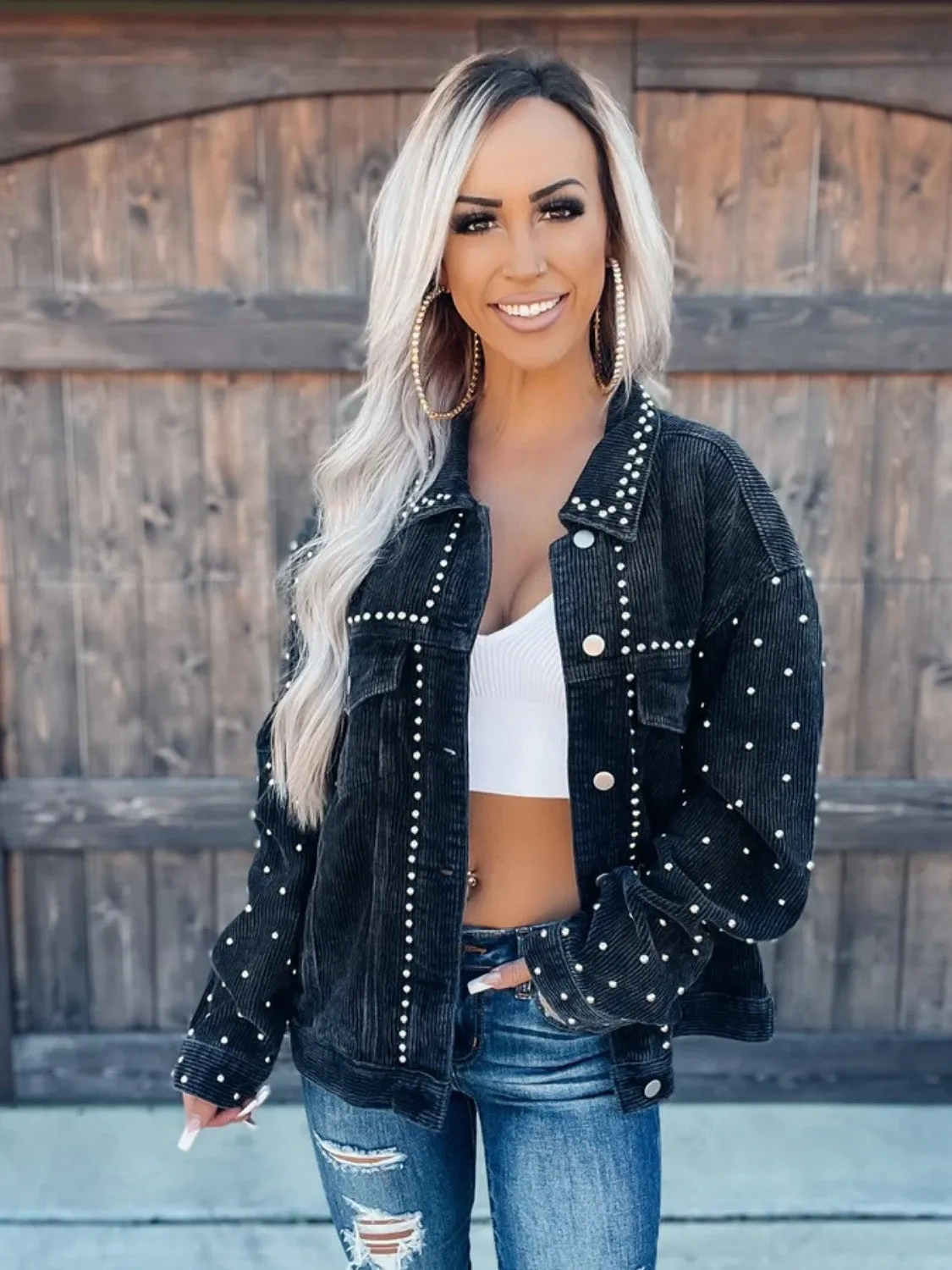 Stella Studded Collared Neck Button Down Jacket