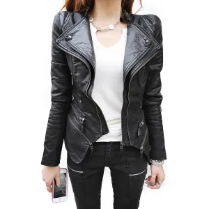 Studded Double Lapels Faux Leather Biker Jacket