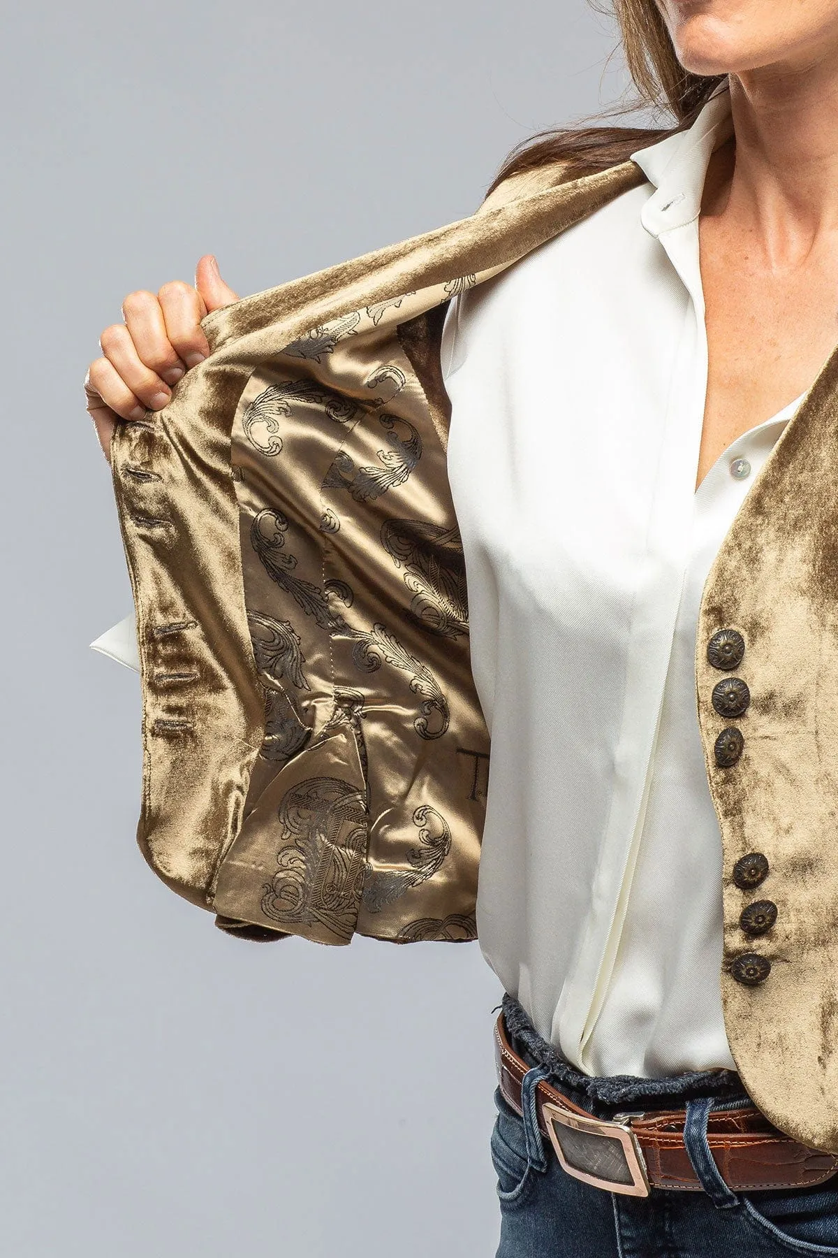 Tavira Velvet Front Vest In Khaki