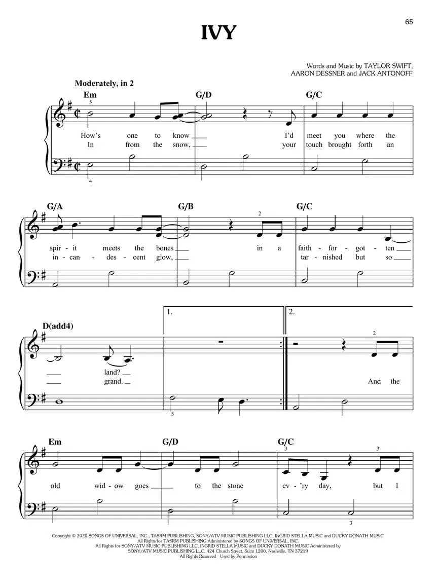 Taylor Swift - Evermore for Easy Piano