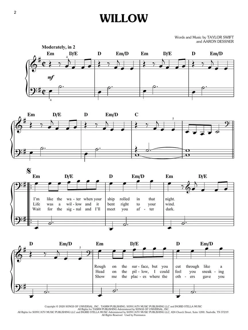 Taylor Swift - Evermore for Easy Piano