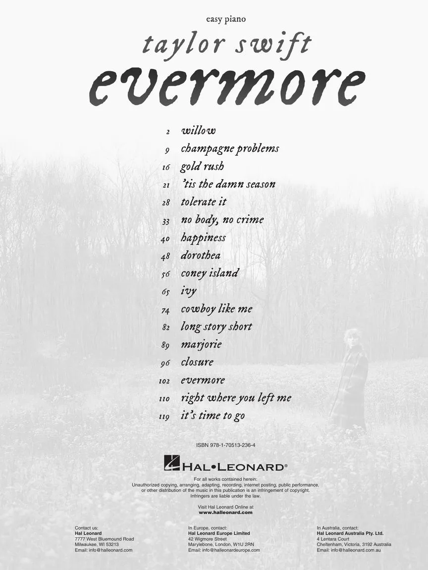 Taylor Swift - Evermore for Easy Piano