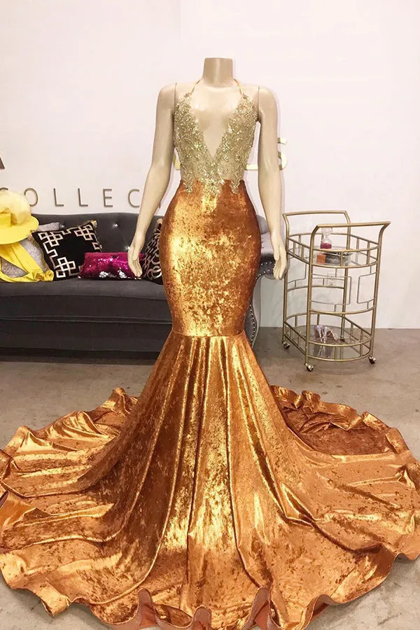 V-neck Halter Beading Sequins Court Train Mermaid Prom Dresses