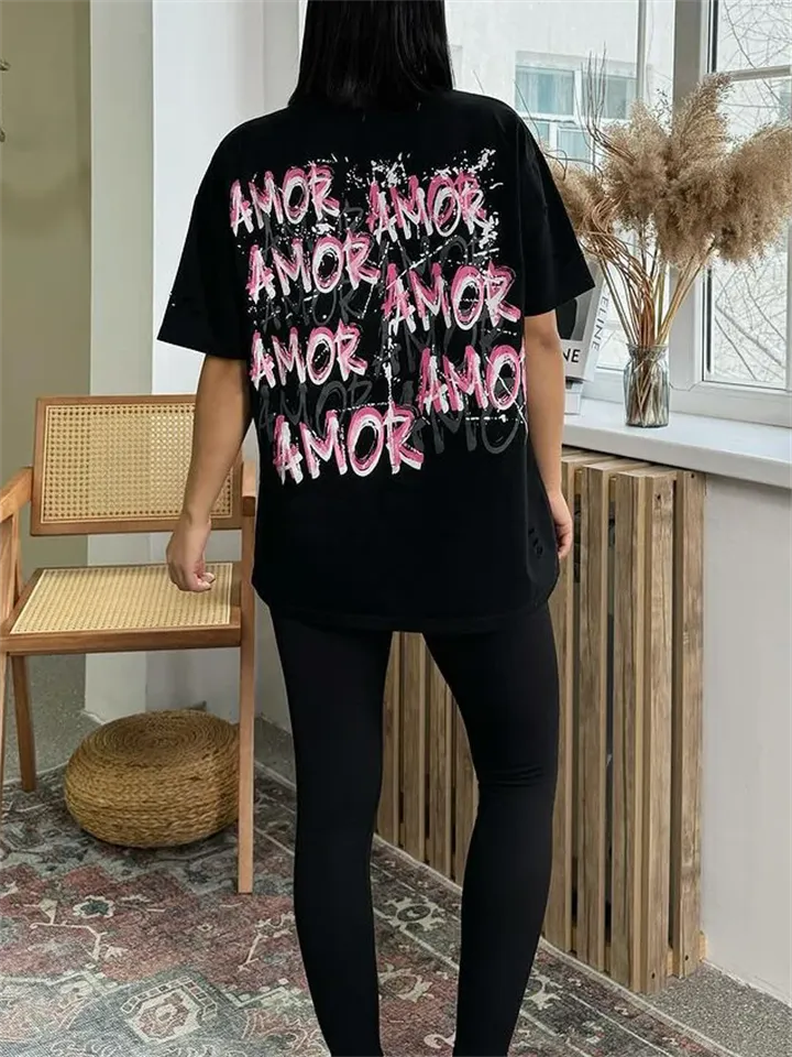Women's O-Neck Letter AMOR Printing Ripped T-shirts